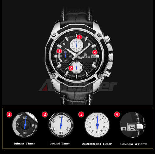 *** Megir Brand Top Watch** Genuine Leather Luxury Men Quartz Wristwatch CHRONOGRAPH * 6 HANDS *
