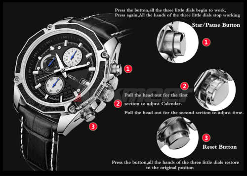 *** Megir Brand Top Watch** Genuine Leather Luxury Men Quartz Wristwatch CHRONOGRAPH * 6 HANDS *