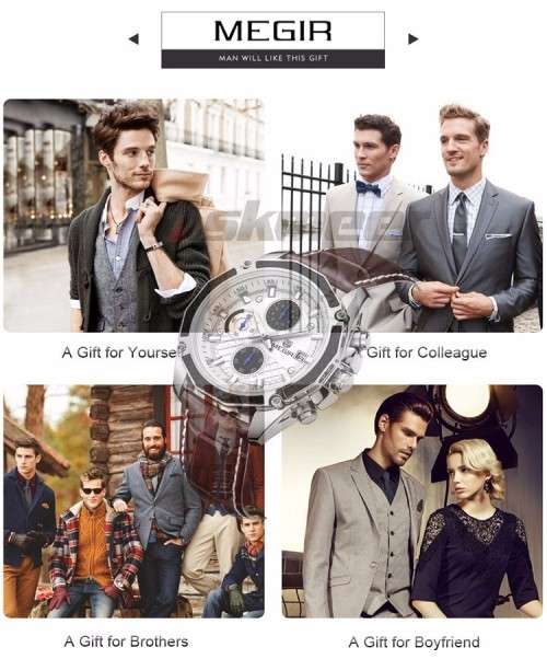 *** Megir Brand Top Watch** Genuine Leather Luxury Men Quartz Wristwatch CHRONOGRAPH * 6 HANDS *