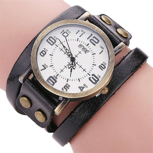 --*****WRIST WRAP***LADIES BLACK ** BIG DIAL BRONZED ANTIQUED WRAP WATCH*
