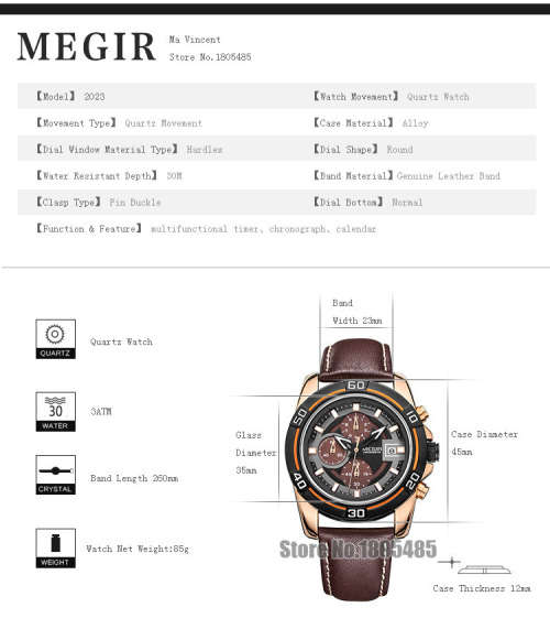*** Megir Brand** Top Watch* Genuine Leather Luury Men Quartz Wristwatch CHRONOGRAPH * 6 HANDS *