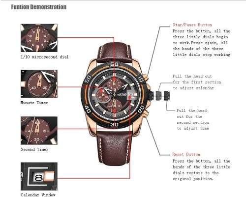 *** Megir Brand** Top Watch* Genuine Leather Luury Men Quartz Wristwatch CHRONOGRAPH * 6 HANDS *