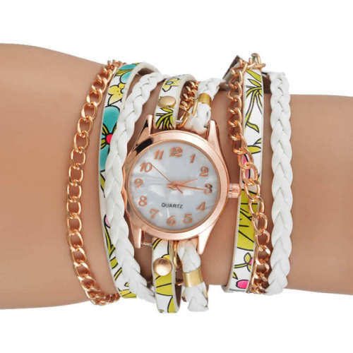 --*****WOMEN WHITE MULTI WRAP LEATHER  BRACELET WRIST WATCH**