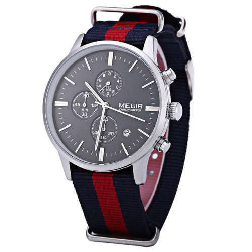 *** Megir Brand Top Watch** Nato Strap Luxury Men Quartz Wristwatch CHRONOGRAPH * 6 HANDS *