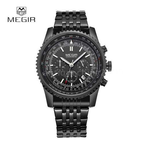 * Megir Brand Top Watch** All Black Steel  Luxury Men* 6 Hands * Quartz Wristwatch CHRONOGRAPH