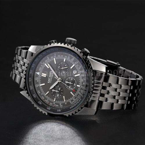 * Megir Brand Top Watch** All Black Steel  Luxury Men* 6 Hands * Quartz Wristwatch CHRONOGRAPH