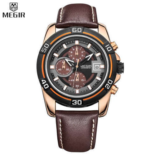 *** Megir Brand** Top Watch* Genuine Leather Luury Men Quartz Wristwatch CHRONOGRAPH * 6 HANDS *