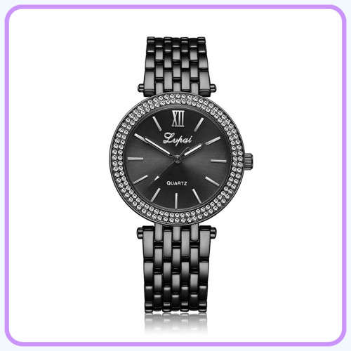 --***LADIES **ELEGANT,BEAUTIFUL CRYSTAL EMBEDDED **BLACK QUARTZ WATCH**