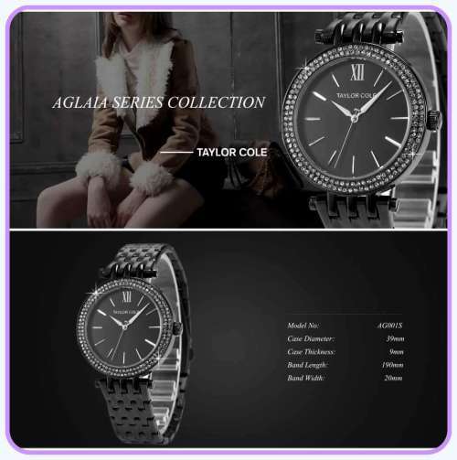 From UK** Magnificent* Taylor Cole Lady ~BLACK ~ all Steel Luxury Crystal  Women Watch*TOP Brand