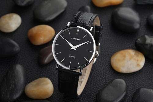 -- * **ELEGANT*ULTRA THIN*  SINOBI  STEEL SILVER UNISEX ANALOG DRESS WATCH**LEATHER BAND