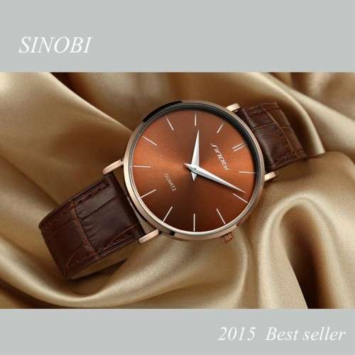 -- * **ELEGANT*ULTRA THIN*  SINOBI  STEEL SILVER UNISEX ANALOG DRESS WATCH**LEATHER BAND