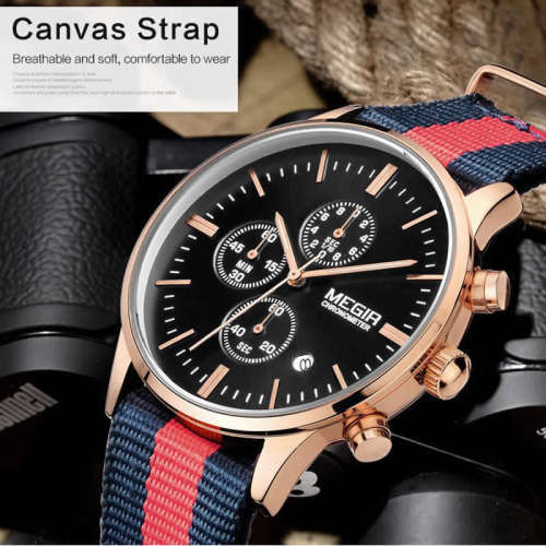*** Megir Brand Top Watch** Nato Strap Luxury Men Quartz Wristwatch CHRONOGRAPH * 6 HANDS *