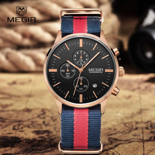 *** Megir Brand Top Watch** Nato Strap Luxury Men Quartz Wristwatch CHRONOGRAPH * 6 HANDS *
