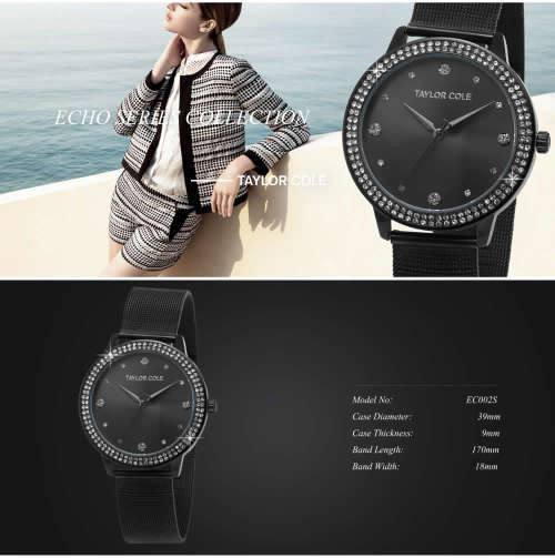 From UK** Magnificent* Taylor Cole Lady ~BLACK ~ all Steel  Luxury Crystal  Women Watch*TOP Brand