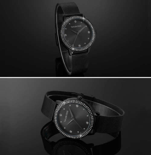 From UK** Magnificent* Taylor Cole Lady ~BLACK ~ all Steel  Luxury Crystal  Women Watch*TOP Brand