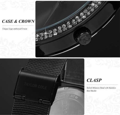From UK** Magnificent* Taylor Cole Lady ~BLACK ~ all Steel  Luxury Crystal  Women Watch*TOP Brand
