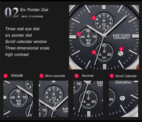 *** Megir Brand Top Watch** Nato Strap Luxury Men Quartz Wristwatch CHRONOGRAPH * 6 HANDS *