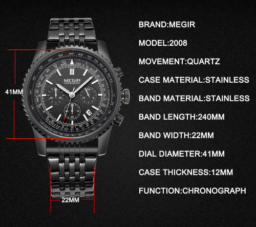 * Megir Brand Top Watch** All Black Steel  Luxury Men* 6 Hands * Quartz Wristwatch CHRONOGRAPH
