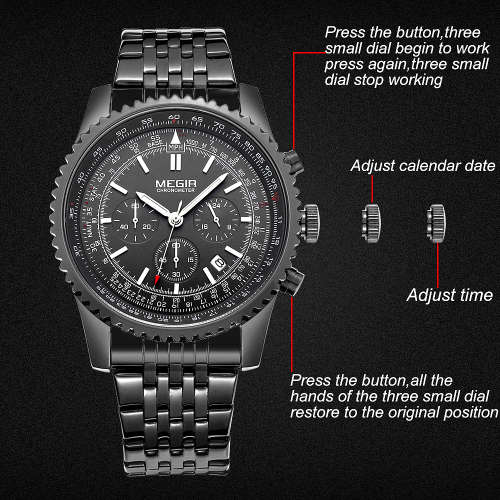 * Megir Brand Top Watch** All Black Steel  Luxury Men* 6 Hands * Quartz Wristwatch CHRONOGRAPH