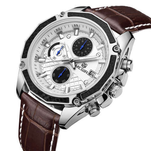 *** Megir Brand Top Watch** Genuine Leather Luxury Men Quartz Wristwatch CHRONOGRAPH * 6 HANDS *
