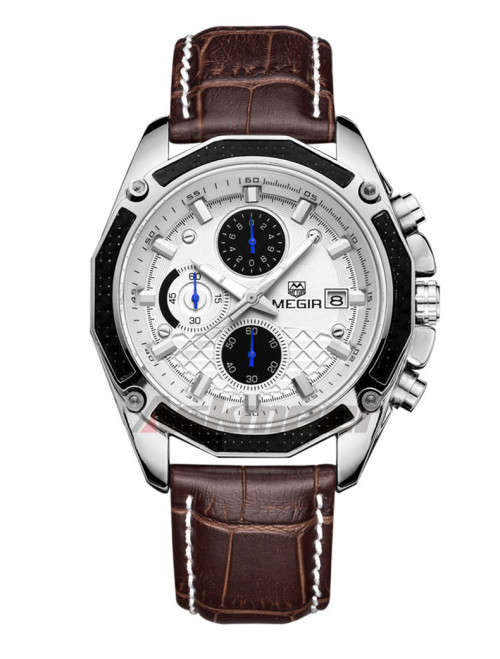 *** Megir Brand Top Watch** Genuine Leather Luxury Men Quartz Wristwatch CHRONOGRAPH * 6 HANDS *