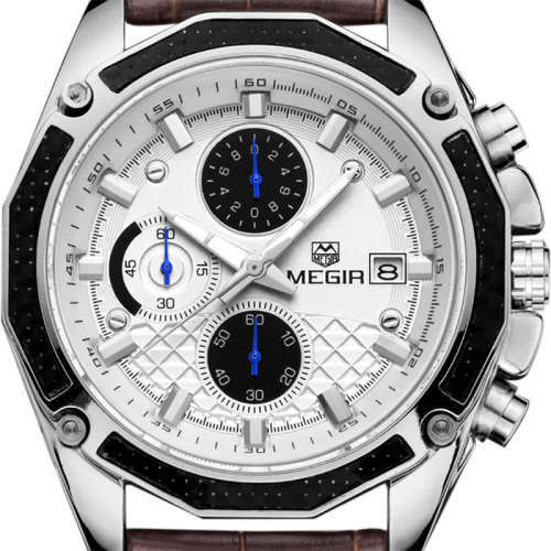 *** Megir Brand Top Watch** Genuine Leather Luxury Men Quartz Wristwatch CHRONOGRAPH * 6 HANDS *