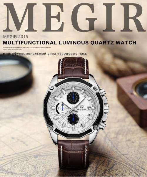 *** Megir Brand Top Watch** Genuine Leather Luxury Men Quartz Wristwatch CHRONOGRAPH * 6 HANDS *