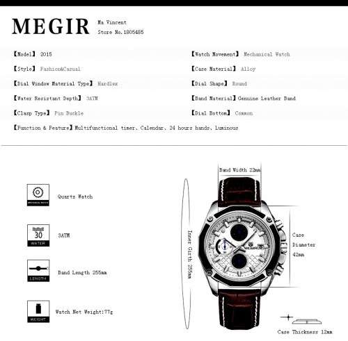 *** Megir Brand Top Watch** Genuine Leather Luxury Men Quartz Wristwatch CHRONOGRAPH * 6 HANDS *