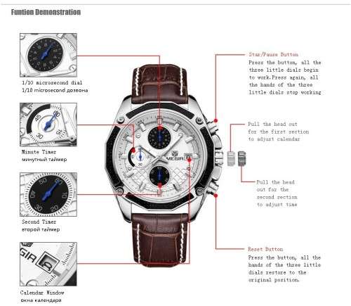 *** Megir Brand Top Watch** Genuine Leather Luxury Men Quartz Wristwatch CHRONOGRAPH * 6 HANDS *