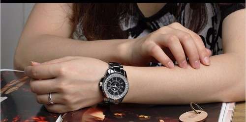 -***$51* --***LADIES **SWAROVSKI CRYSTAL ENCRUSTED ~SINOBI~ROSE GOLD/BLACK QUARTZ Watch -