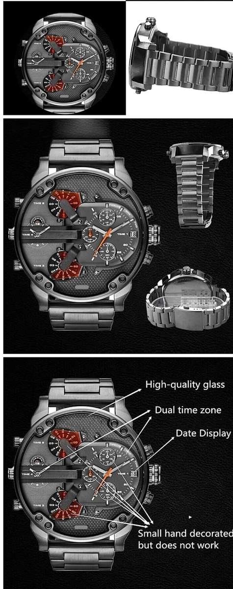 **Massive DiaL Military Dual Movt Men Quartz Watch with Date Function Stainless Steel Band  - Silver