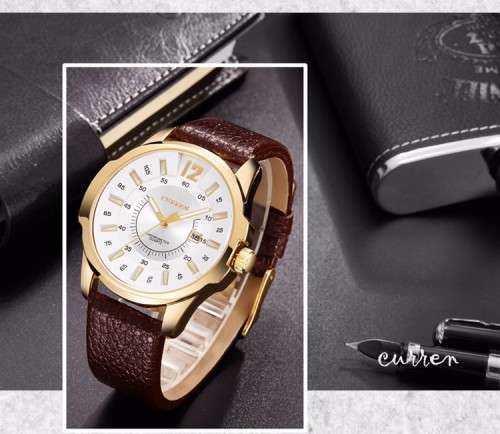 ***Luxury Curren ( MODEL: 8123 )   Mens Leather Golden Quartz Calendar Analog Dial Wrist Watch B92U