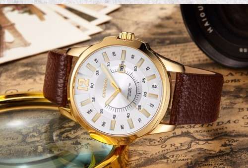 ***Luxury Curren ( MODEL: 8123 )   Mens Leather Golden Quartz Calendar Analog Dial Wrist Watch B92U