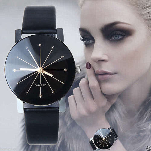 *LADIES/MEN LUXURY ANALOG DRESS WATCH* DIVIDED DIAL GLOSSY BLACK PU LEATHER STRAP*