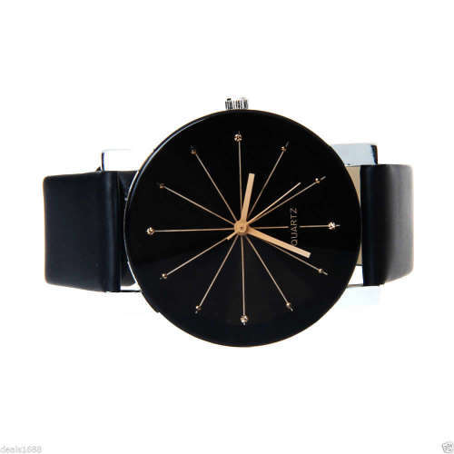 *LADIES/MEN LUXURY ANALOG DRESS WATCH* DIVIDED DIAL GLOSSY BLACK PU LEATHER STRAP*