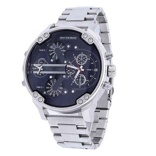 **Massive DiaL Military Dual Movt Men Quartz Watch with Date Function Stainless Steel Band  - Silver