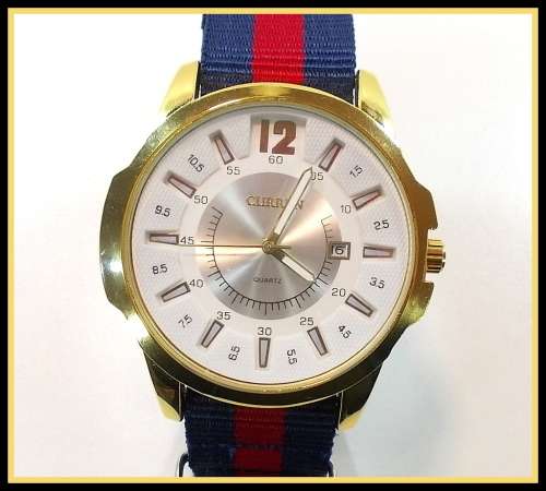 *Luxury Curren ( MODEL: 8123 )   Mens Canvas Strap Golden Quartz Calendar Analog Dial Wrist Watch