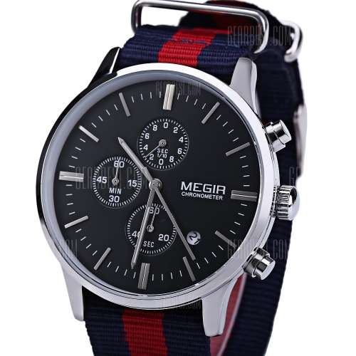 *** Megir Brand Top Watch** Nato Strap Luxury Men Quartz Wristwatch CHRONOGRAPH * 6 HANDS *