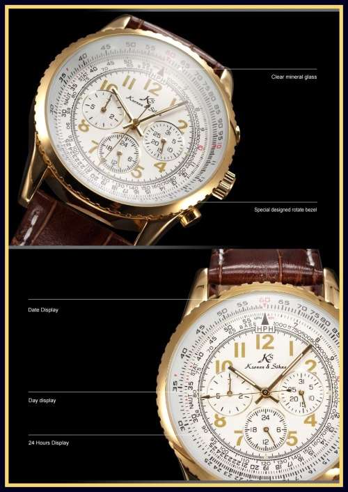 *** KS Men's Classic Date Day White Automatic Mechanical Gold Case Sport Wrist Watch *