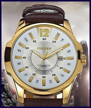 ** Curren  MODEL: 8123    Mens Leather Golden Quartz Calendar Analog Dial Wrist Watch