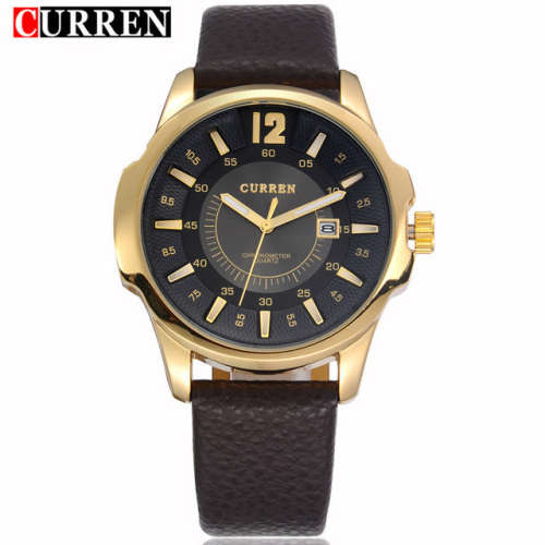 ***Luxury Curren ( MODEL: 8123 )   Mens Leather Golden Quartz Calendar Analog Dial Wrist Watch B92U