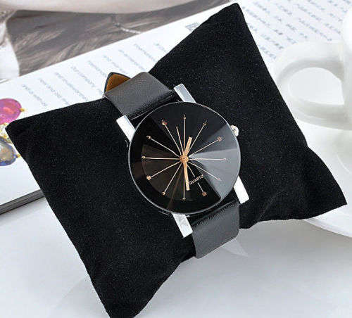 *LADIES/MEN LUXURY ANALOG DRESS WATCH* DIVIDED DIAL GLOSSY BLACK PU LEATHER STRAP*