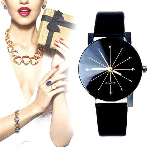 *LADIES/MEN LUXURY ANALOG DRESS WATCH* DIVIDED DIAL GLOSSY BLACK PU LEATHER STRAP*