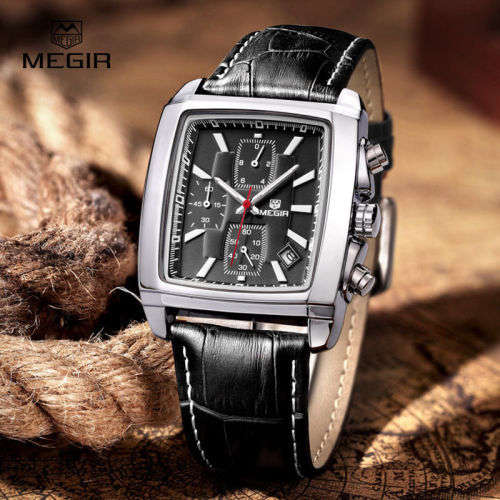*Megir 2028 - Chronograph Watch * 6 HANDS*  Genuine Leather Strap * Black*
