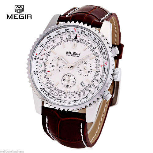 * Megir Brand Top Watch**Silver Luxury Leather Strap Men* 6 Hands * Quartz Wristwatch CHRONOGRAPH
