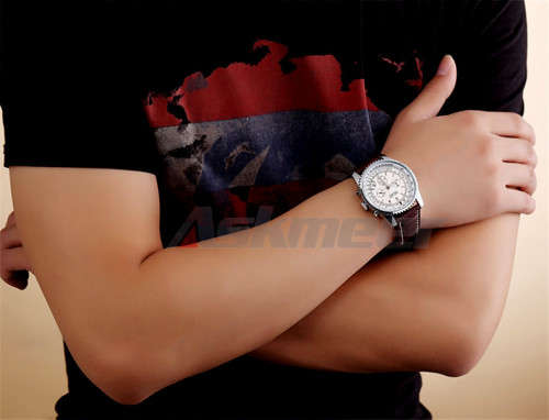 * Megir Brand Top Watch**Silver Luxury Leather Strap Men* 6 Hands * Quartz Wristwatch CHRONOGRAPH