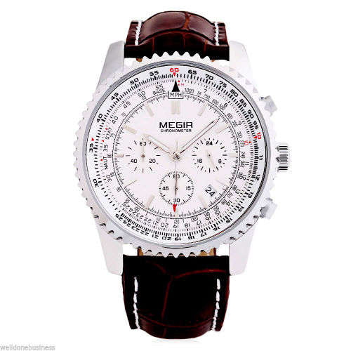 * Megir Brand Top Watch**Silver Luxury Leather Strap Men* 6 Hands * Quartz Wristwatch CHRONOGRAPH