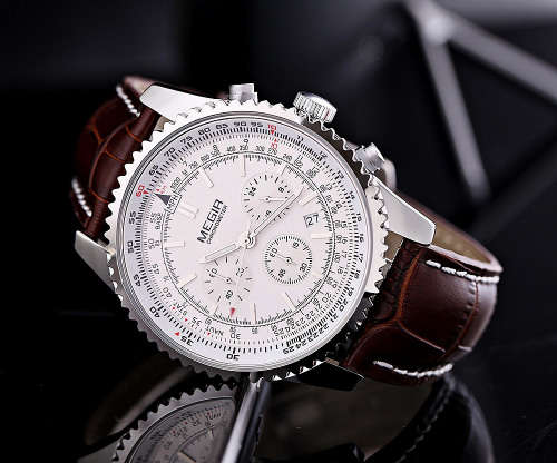 * Megir Brand Top Watch**Silver Luxury Leather Strap Men* 6 Hands * Quartz Wristwatch CHRONOGRAPH