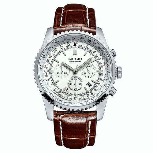 * Megir Brand Top Watch**Silver Luxury Leather Strap Men* 6 Hands * Quartz Wristwatch CHRONOGRAPH