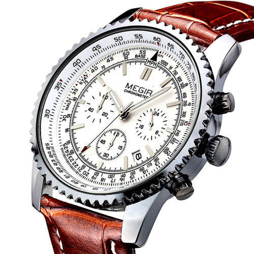 * Megir Brand Top Watch**Silver Luxury Leather Strap Men* 6 Hands * Quartz Wristwatch CHRONOGRAPH